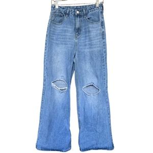 Shein Jeans Womens Size Medium Blue Wide Leg Busted Knee High Waisted Distressed